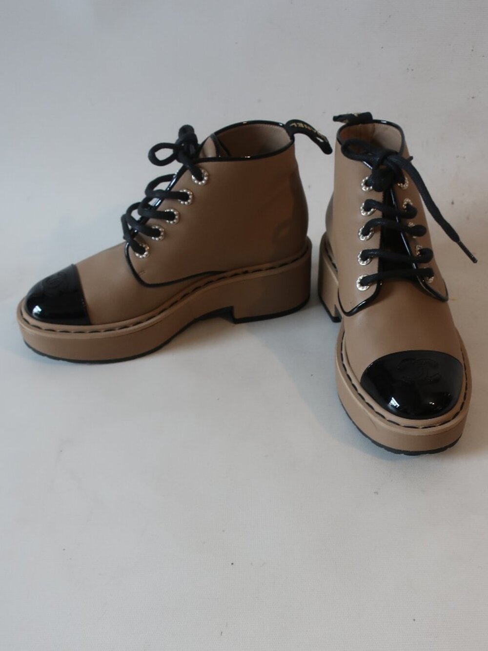 Authentic Chanel Beige Calfskin Patent Leather CC Logo Combat Bootie 38.5 US/8